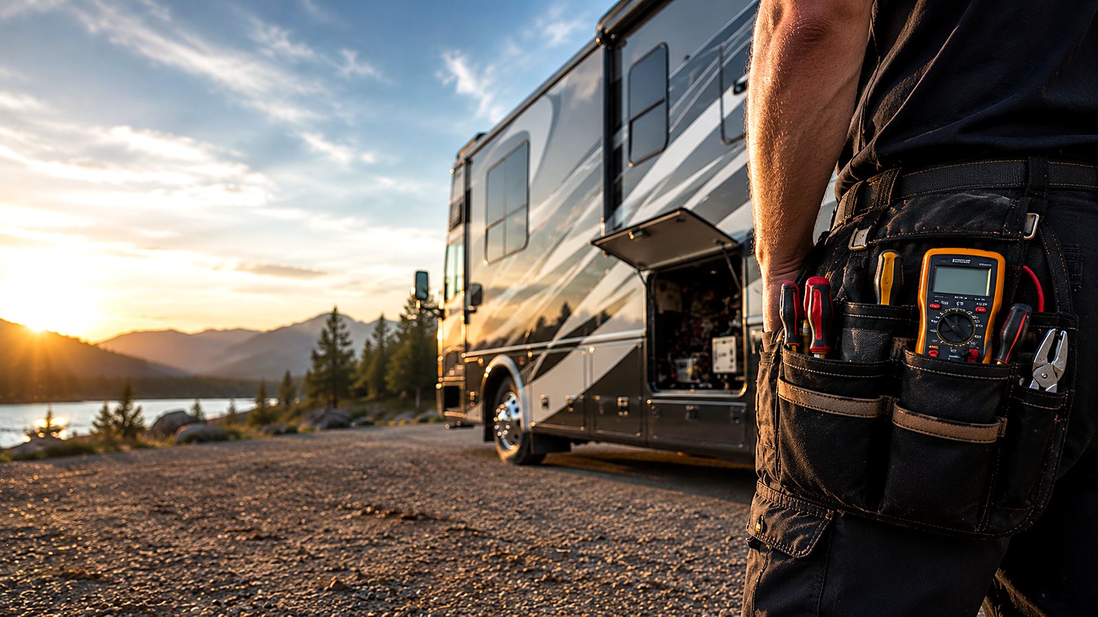 A certified RV technician's tool belt beside a motorhome parked at a lakeside campsite at sunset
